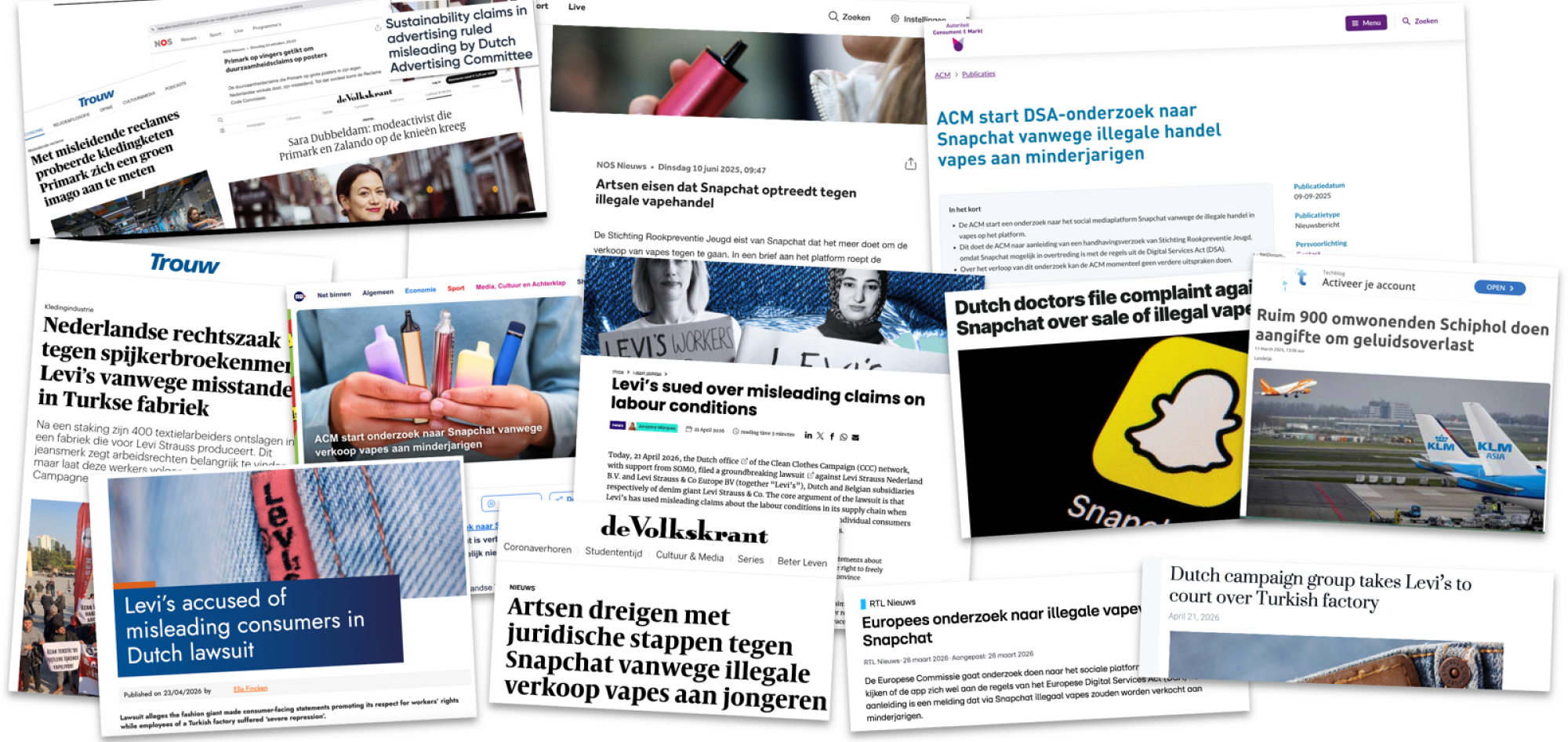 Collage van nieuwsartikelen uit onder meer Trouw, NOS, de Volkskrant en RTL Nieuws